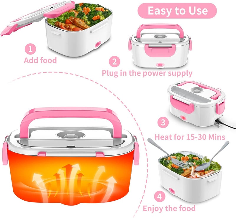 CHARMDOO Electric Lunch Box, Food Warmer Heater 12V 24V 110V, 80W Faster Heated Lunch Box for Car/Truck/Home Portable Heating Boxes with 1.5L 304 SS Container Fork & Spoon, White+Pink - Image 5